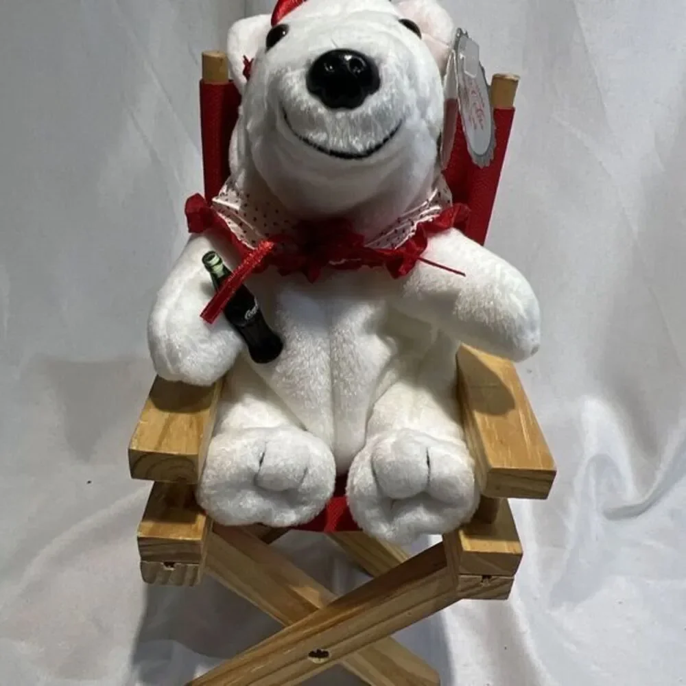 Coca Cola 1998 Polar Bear 5.5‎ Inch Plush in Wood Directors Chair Coke Bottle